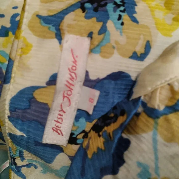 VINTAGE BETSEY JOHNSON Yellow, Blue, White Floral Silk Halter Style Dress, sz 8 - Picture 3 of 11